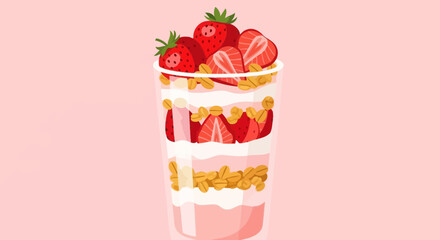Delicious Strawberry Parfait Illustration With Layered Ingredients Vibrant Pink Background
