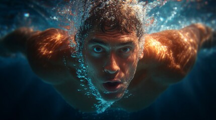 Underwater Ascent: A swimmer, captured in a dynamic underwater shot, exhibits unparalleled focus and determination as he propels himself through the cool, clear waters.
