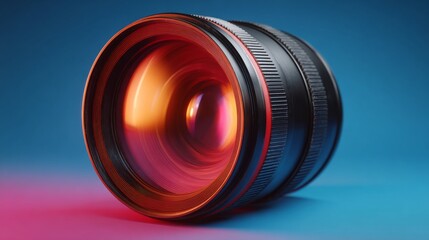 Lens: This image showcases a macro shot of a camera lens, with its glass surface and detailed inner workings illuminated by a dramatic lighting scheme