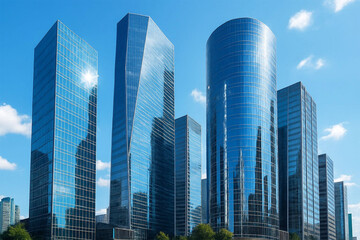 Fototapeta premium Modern cityscape with tall blue glass skyscrapers and clear sky overhead