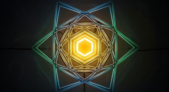 Abstract glowing hexagonal kaleidoscope pattern with a luminous yellow core and blue geometric lines.