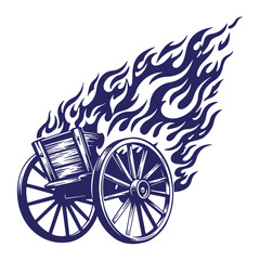 Fototapeta premium Vintage wooden cart on fire illustrated vector image burning blaze with flames and wheels