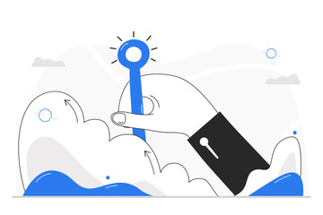 A hand, emerging from an energetic cloud, holds a key or scepter,triumphantly. Overcoming challenges and finding the solution or unlocking the secret to success in business by emphasizing strategy.