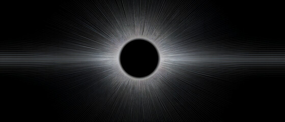 A stylized black circle with radiating white lines on a dark background, resembling a solar eclipse or light burst effect with a sleek, modern design