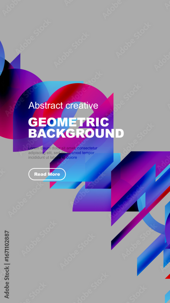 Poster abstract geometric design features vibrant overlapping shapes, text, button on gray background. mode