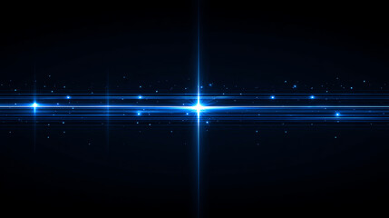 Bright blue starburst with horizontal and vertical light rays and small glowing particles on a dark background, creating a futuristic and cosmic visual effect