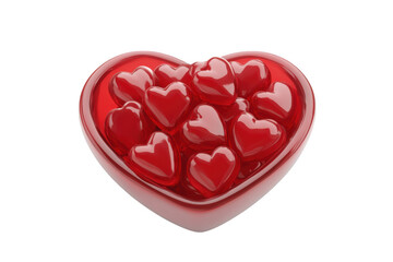 Heart shaped bowl filled with red candy hearts, valentines day sweet treats, love and romance, isolated on transparent background
