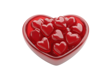 Heart shaped bowl filled with red candy hearts, valentines day sweet treats, love and romance, isolated on transparent background