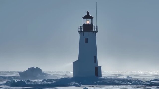 Lone Lighthouse: Winter's Icy Embrace - A Dramatic Seascape