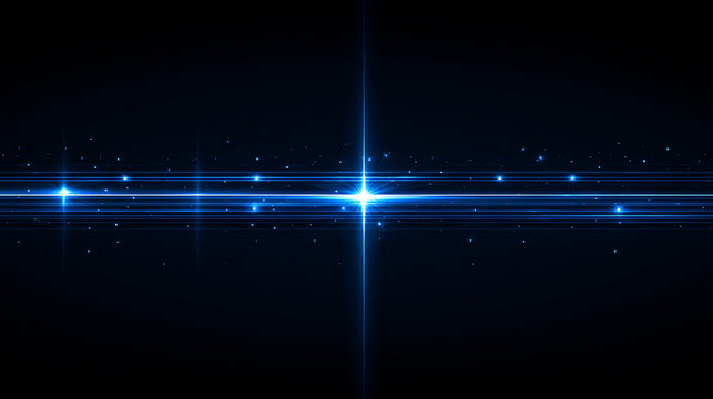 Bright blue starburst with horizontal and vertical light rays and small glowing particles on a dark background, creating a futuristic and cosmic visual effect