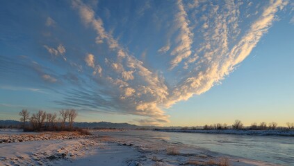 Winter landscape with dramatic clouds at sunset over a river