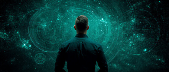 A man in a dark shirt stands with his back to the viewer, facing a futuristic, glowing digital interface with circular patterns and star-like elements in a cosmic setting