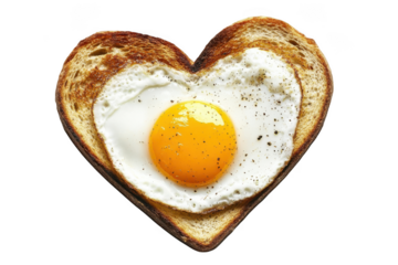 Heart shaped fried egg on toast breakfast food photography, culinary art, romantic gesture, healthy eating, isolated on transparent background