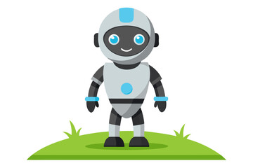 Cute 3D cartoon robot on green screen and green grass