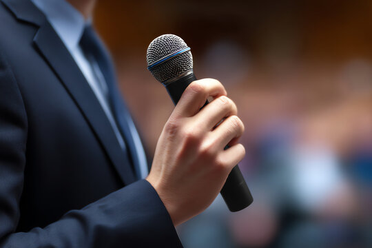 A person in a dark suit holds a microphone, ready to speak or present, with a blurred audience in the background suggesting a formal event or public speaking setting - Powered by Adobe
