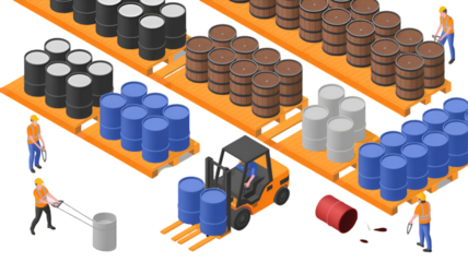 Warehouse Workers and Forklift Moving Barrels
