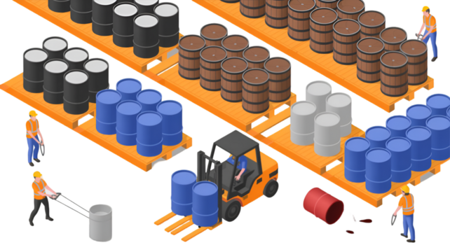 Warehouse Workers and Forklift Moving Barrels