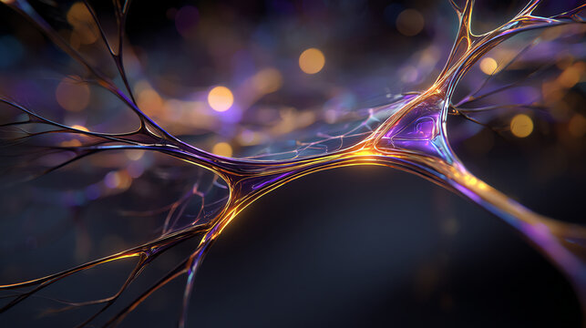 Close-up digital illustration of interconnected neural pathways glowing with vibrant purple and gold hues, symbolizing brain activity and complex networks in a futuristic style