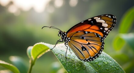 Obraz premium Beautiful Butterfly on Green Leaf with Dew Drops.