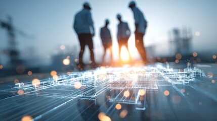 A group of silhouetted figures stands amidst digital construction plans, illuminated by sunset, symbolizing innovation and teamwork in architecture or engineering.