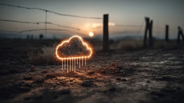 A glowing cloud icon appears against a sunset backdrop, symbolizing technology and nature's fusion in a rustic landscape.