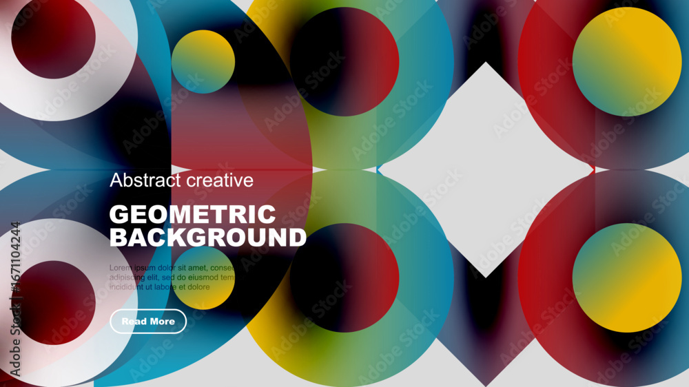 Poster abstract geometric background features overlapping circles, vibrant colors, dark backdrop. modern de