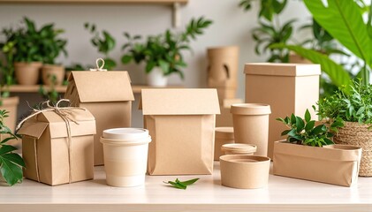 A rustic wooden table adorned with an assortment of colorful boxes and vibrant potted plants, creating a lively and inviting atmosphere.