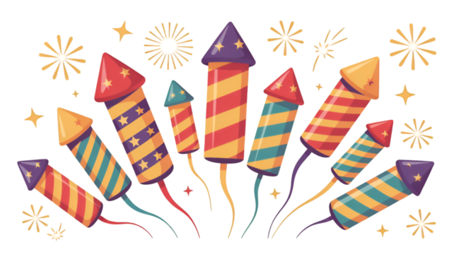 Colorful Fireworks Rockets on Black Background