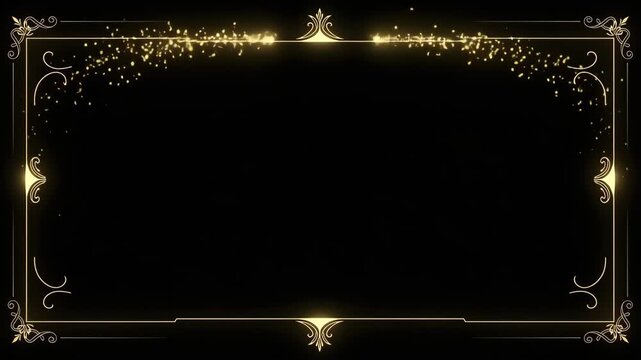 Elegant golden frame with glowing particles on dark background, luxury border design concept for festive decoration, creativity, and artistic stylish presentation visuals