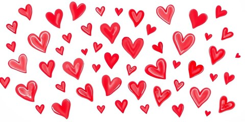 Crayon-style red hearts on white, unified pattern,  digital art,  festive