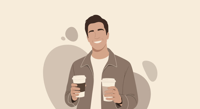 Coffee Lover: Modern Illustration Featuring Smiling Man Holding Coffee To-Go Cups in Hand