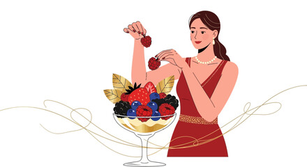 Elegant Woman Arranging Fresh Berries in a Crystal Glass for a Dessert Presentation