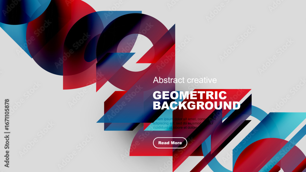 Poster abstract geometric shapes overlap, creating dynamic red, blue composition. dark background contrasts