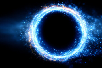 A glowing blue energy ring with sparkling particles surrounds a dark circular void against a deep black background, creating a futuristic and dynamic visual effect