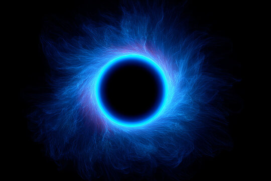 A glowing blue ring with swirling, ethereal light patterns radiates from a dark central void, evoking an abstract cosmic or black hole energy visualization