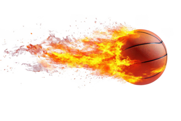 Fiery basketball ball with flames, sports action, and dynamic motion graphics digital art illustration isolated on transparent background