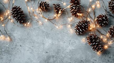 Christmas pine cones with fairy lights on a gray surface