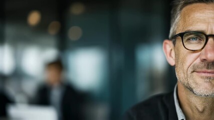 Medium focused portrait of middleaged business leader wearing glasses blurred interior office setting conveying experience and authoritative professionalism.