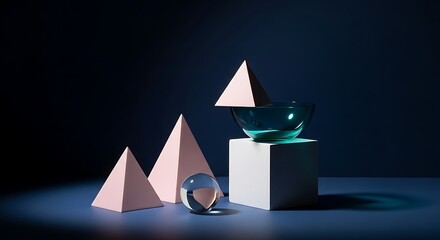 Fototapeta premium Geometric Shapes Composition with Pyramids Bowl and Sphere abstract still life