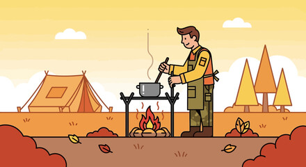 Enjoying Nature: A Man Cooks Food Over A Campfire During Autumn Season Outdoor