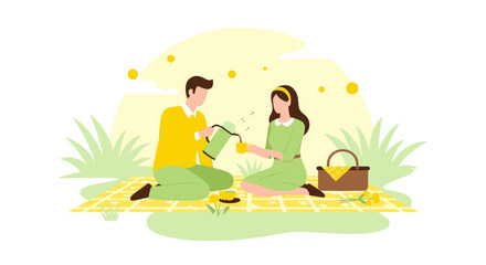 Enjoying Tea Break Together: Peaceful Picnic Moment Under The Sunny Sky