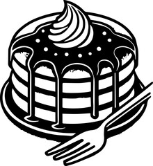 Illustration of a stack of pancakes with syrup and whipped cream and a fork on the side in black and white