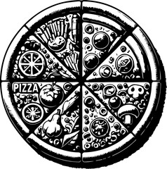 Monochrome pizza with eight different toppings including vegetables and mushrooms in a circular shape