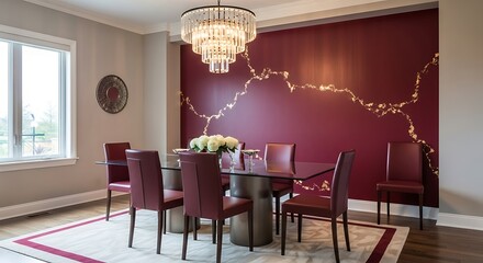 Elegant Dining Room with Burgundy Accent Wall and Chandelier.