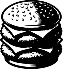 Illustration of a double patty burger with cheese and sesame seeds in black and white style art