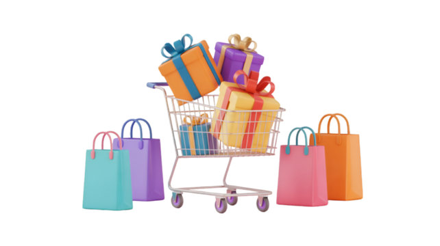 Shopping Cart Filled with Colorful Gifts and Shopping Bags - Powered by Adobe