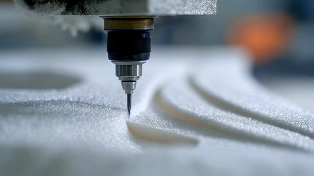 Focused medium shot capturing the delicate slicing of freeform foam panels by a hotwire cutter emphasizing tool tip and textured foam with outoffocus workspace creating depth.