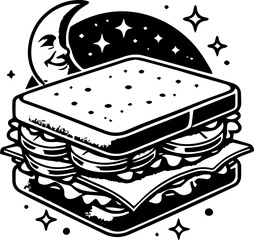 Illustration of a sandwich with tomatoes and lettuce under a moon and stars background design