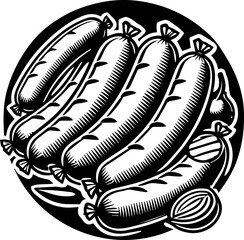Illustration of a group of sausages arranged in a circular pattern on a black background plate