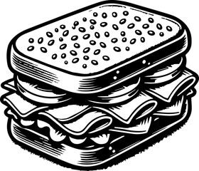 Illustration of a sandwich with bread, meat, cheese, and tomatoes in black and white graphic style